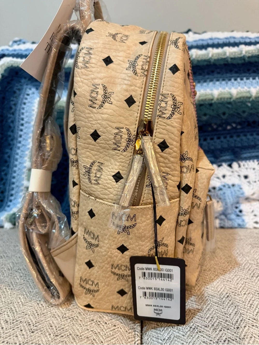 MCM Beige Logo Backpack with Studded Bunny Motif